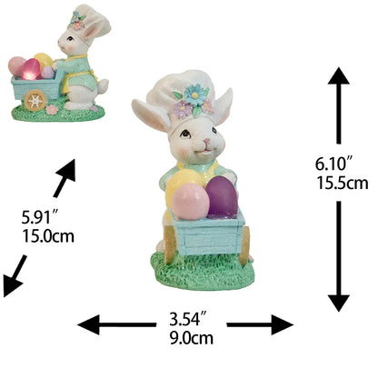 Easter bunny egg cart figurine with measurements — 6.10" H × 5.91" D × 3.54" W hand-painted LED glitter resin spring decoration