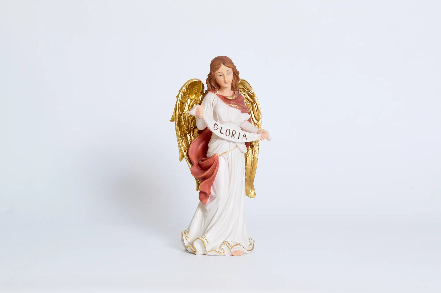 GLORIA angel figurine close-up with gold wings, Christmas angel nativity decor.