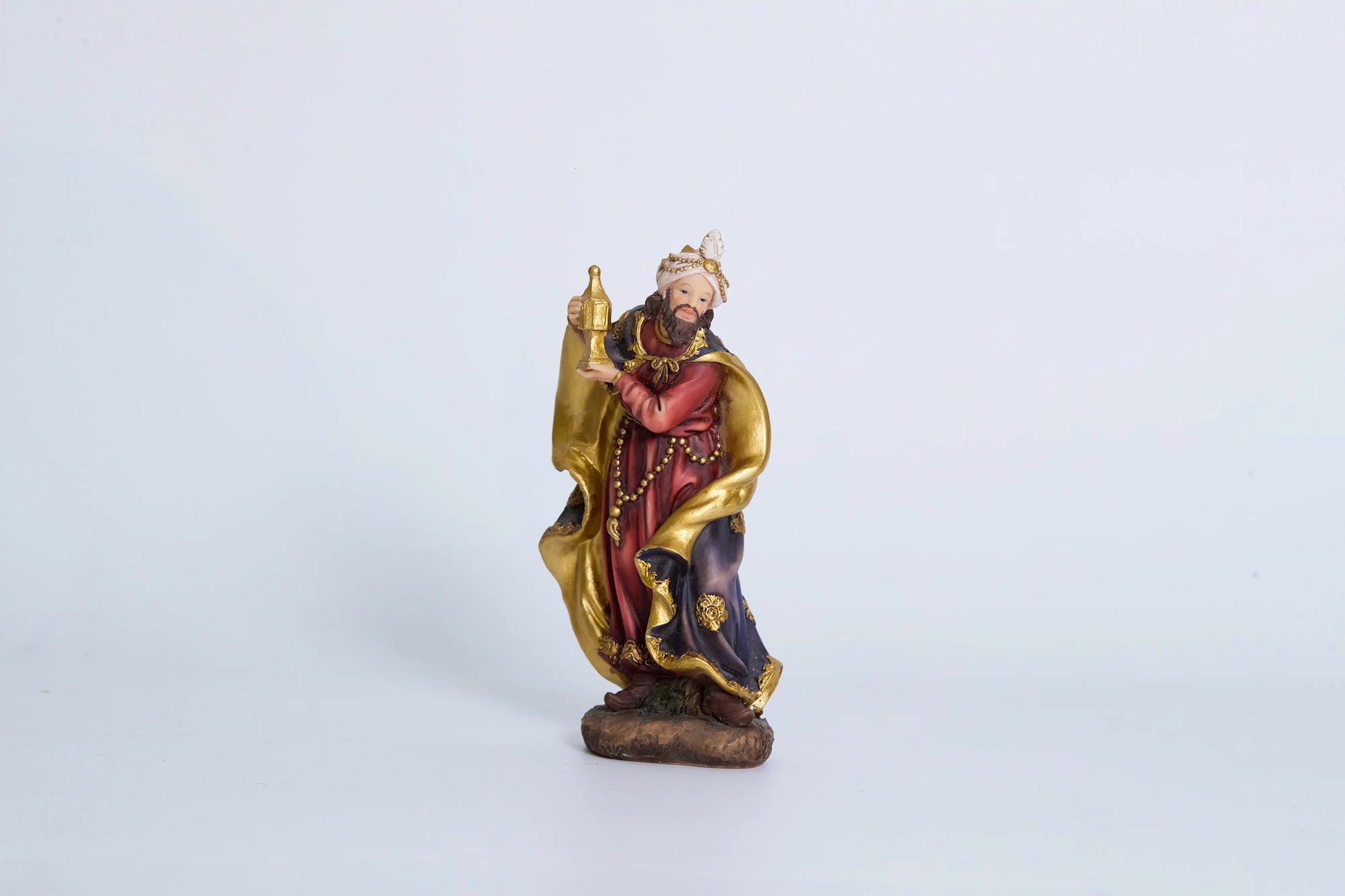 Wise Man nativity figurine with golden urn — standing Magi in crimson and gold robes with pearl-trimmed turban, hand-painted resin Three Kings figure