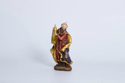 Wise Man nativity figurine with golden urn — standing Magi in crimson and gold robes with pearl-trimmed turban, hand-painted resin Three Kings figure