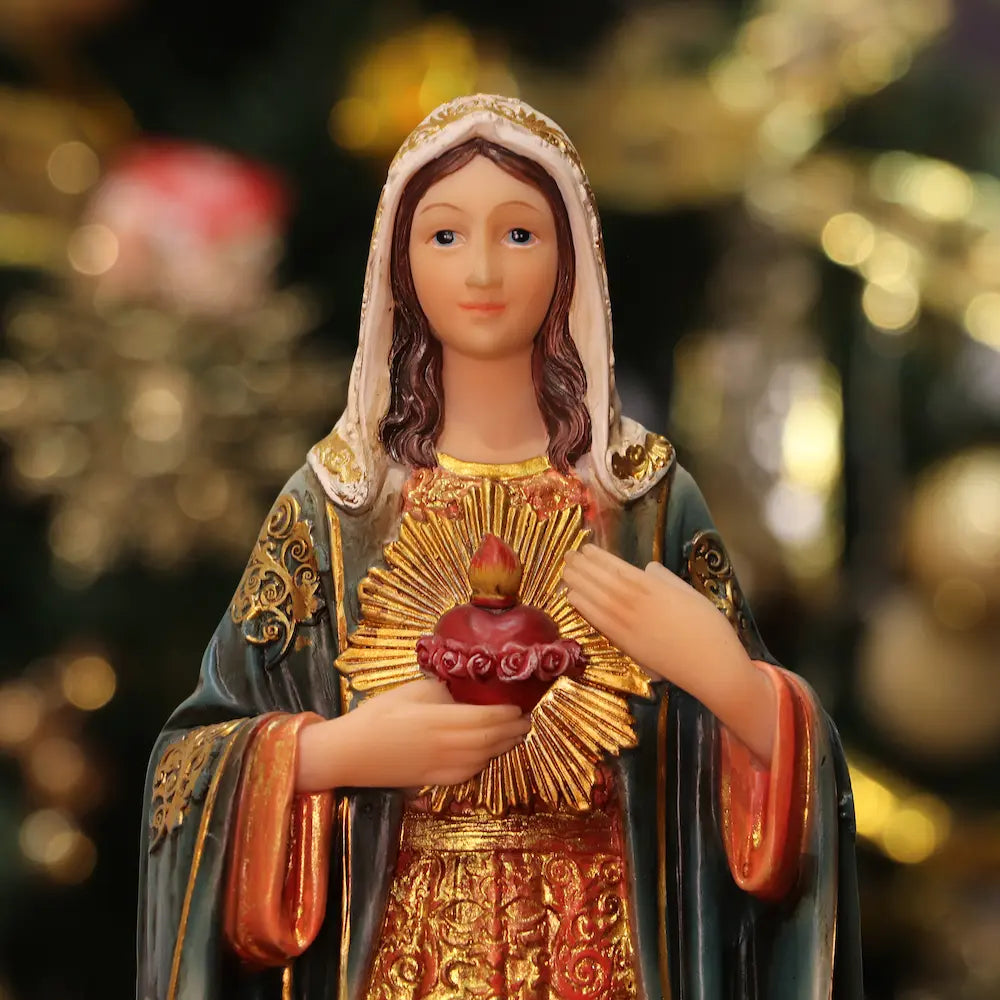 Sacred Heart Virgin Mary Statue, Hand-Painted Resin Catholic Figurine - Immaculate Heart Mary for Home Altar & Prayer Corner, Available in 8", 11", 13.5"