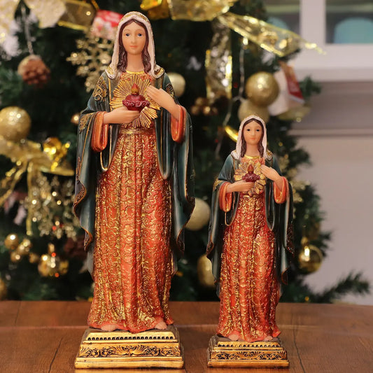Sacred Heart Virgin Mary Statue, Hand-Painted Resin Catholic Figurine - Immaculate Heart Mary for Home Altar & Prayer Corner, Available in 8", 11", 13.5"