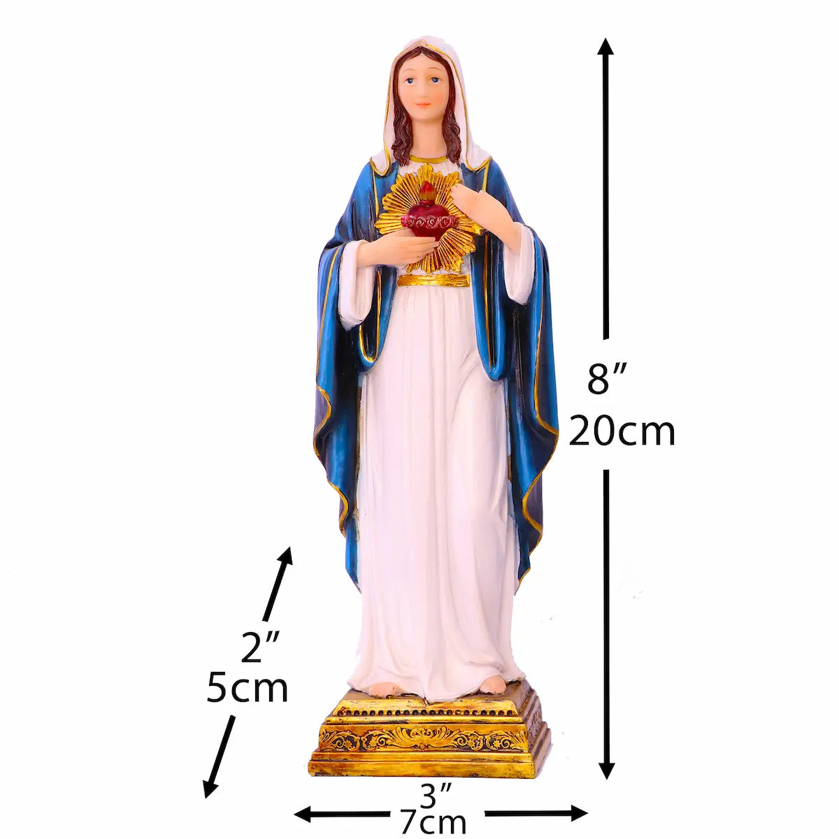 Immaculate Heart of Virgin Mary, 8-inch hand-painted resin statue for home altar.