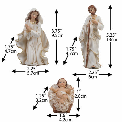 5 inch White and gold Holy Family nativity figurines with measurements