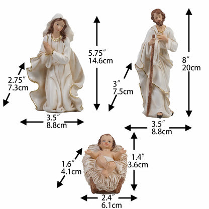 8 inch White and gold Holy Family nativity figurines with measurements