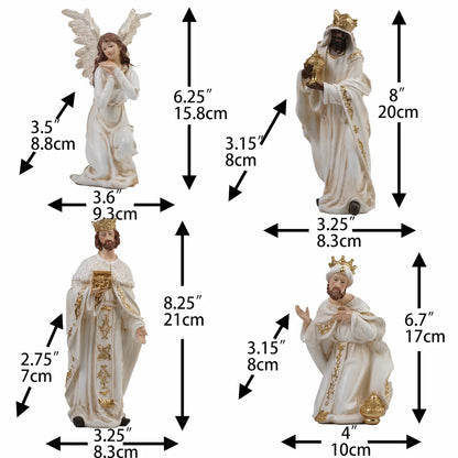 8 inch White and gold angel and three Wise Men nativity figurines with dimensions — hand-painted resin crèche pieces