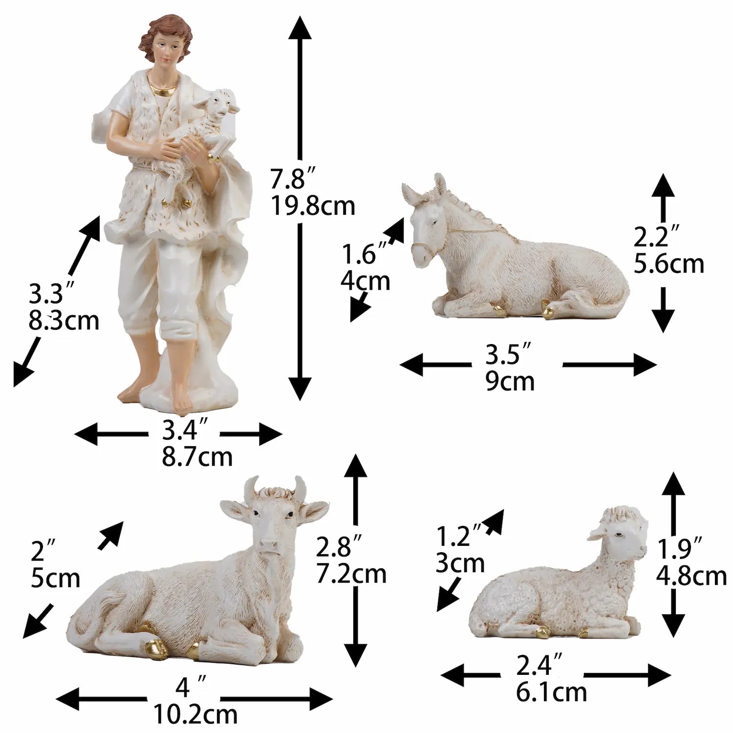 8 inch White nativity shepherd, ox, donkey, and sheep figurines with individual measurements