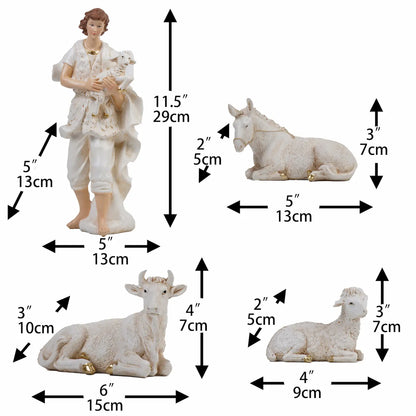 12 inch White nativity shepherd, ox, donkey, and sheep figurines with individual measurements in inches and centimeters