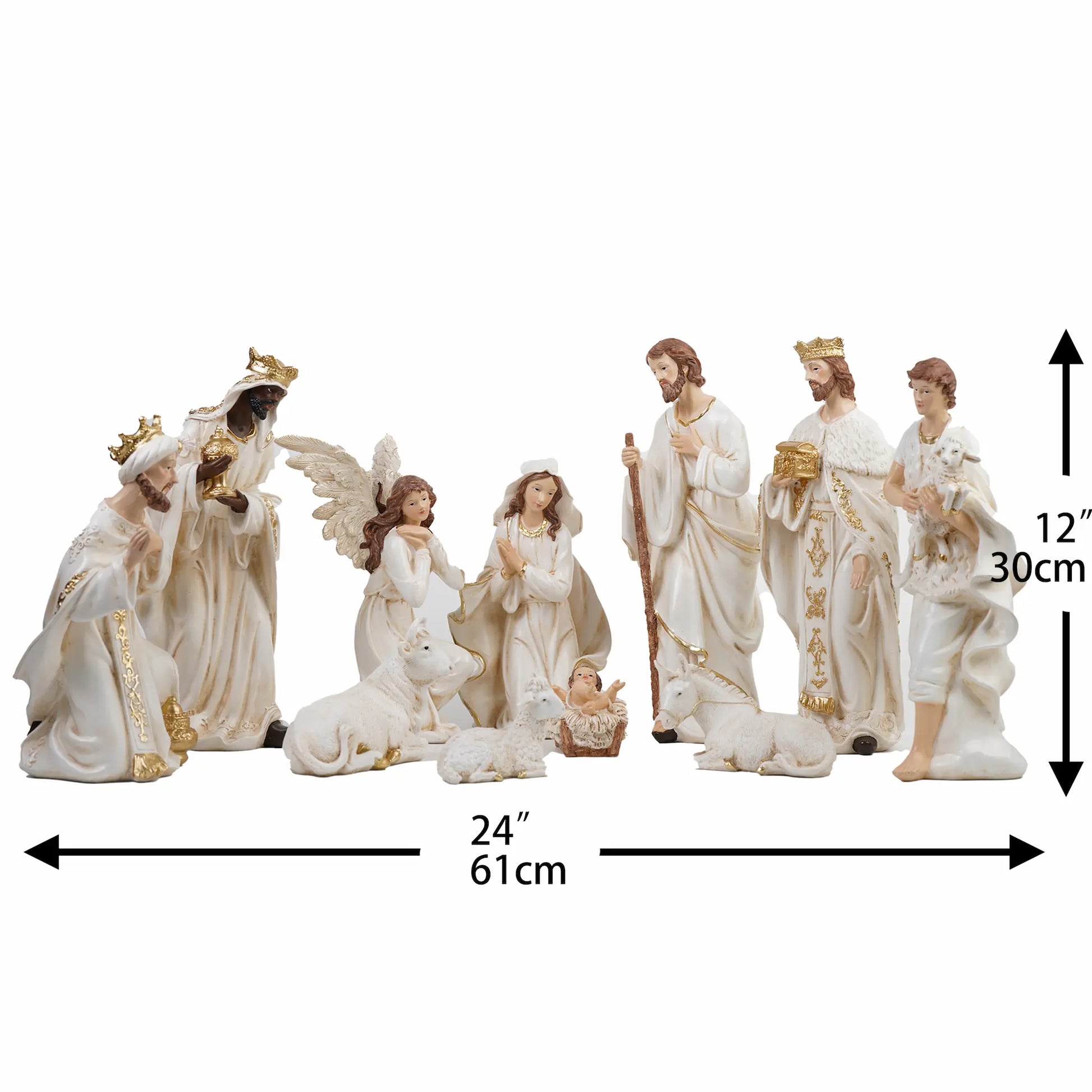 Full 11-piece white and gold nativity scene showing 24-inch display width and 12-inch height