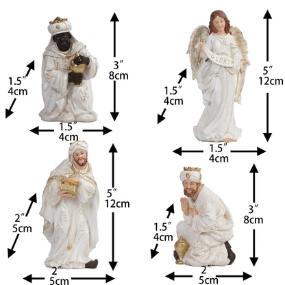 White and Gold Nativity Figurine Set - Holy Family, Wise Men, Angel and Animals - Christmas Manger Scene Decor