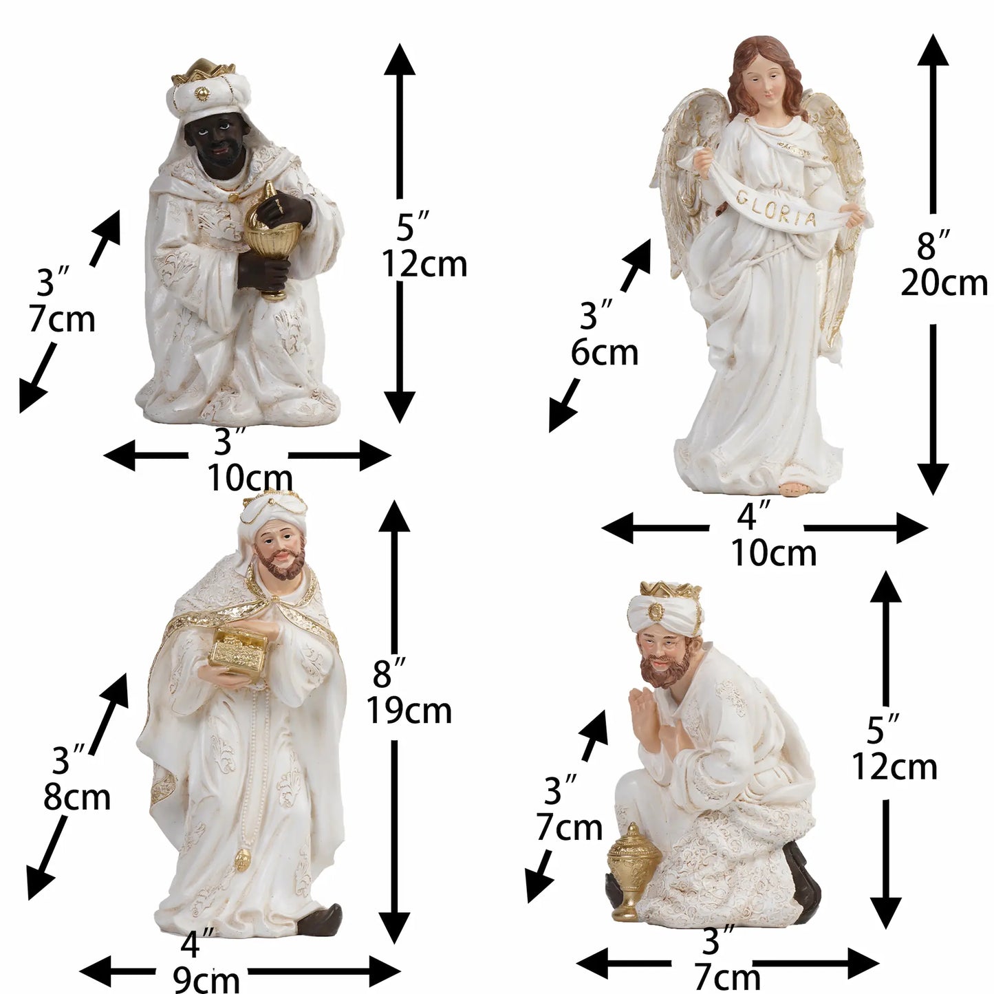 White and Gold Nativity Figurine Set - Holy Family, Wise Men, Angel and Animals - Christmas Manger Scene Decor