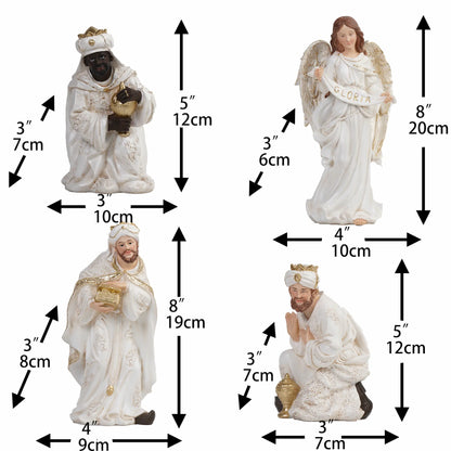 White and Gold Nativity Figurine Set - Holy Family, Wise Men, Angel and Animals - Christmas Manger Scene Decor