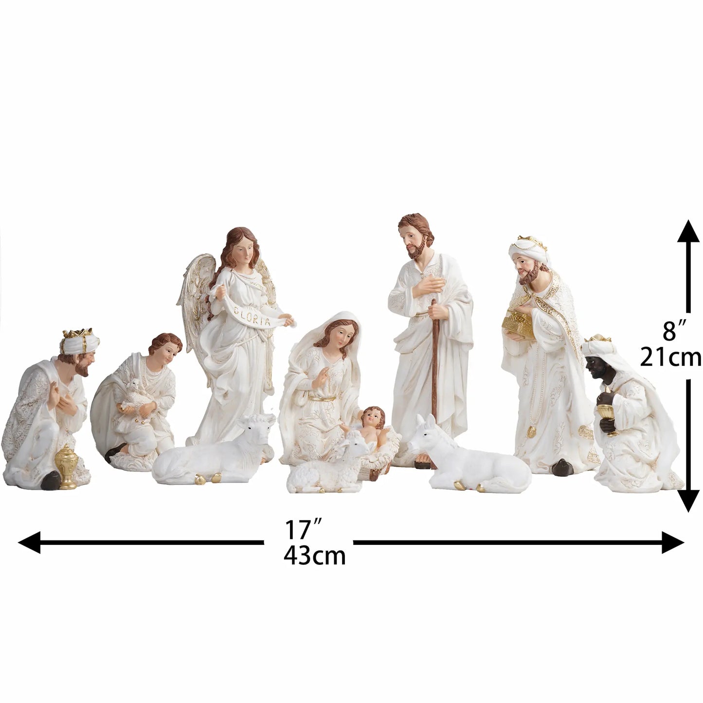 White and Gold Nativity Figurine Set - Holy Family, Wise Men, Angel and Animals - Christmas Manger Scene Decor