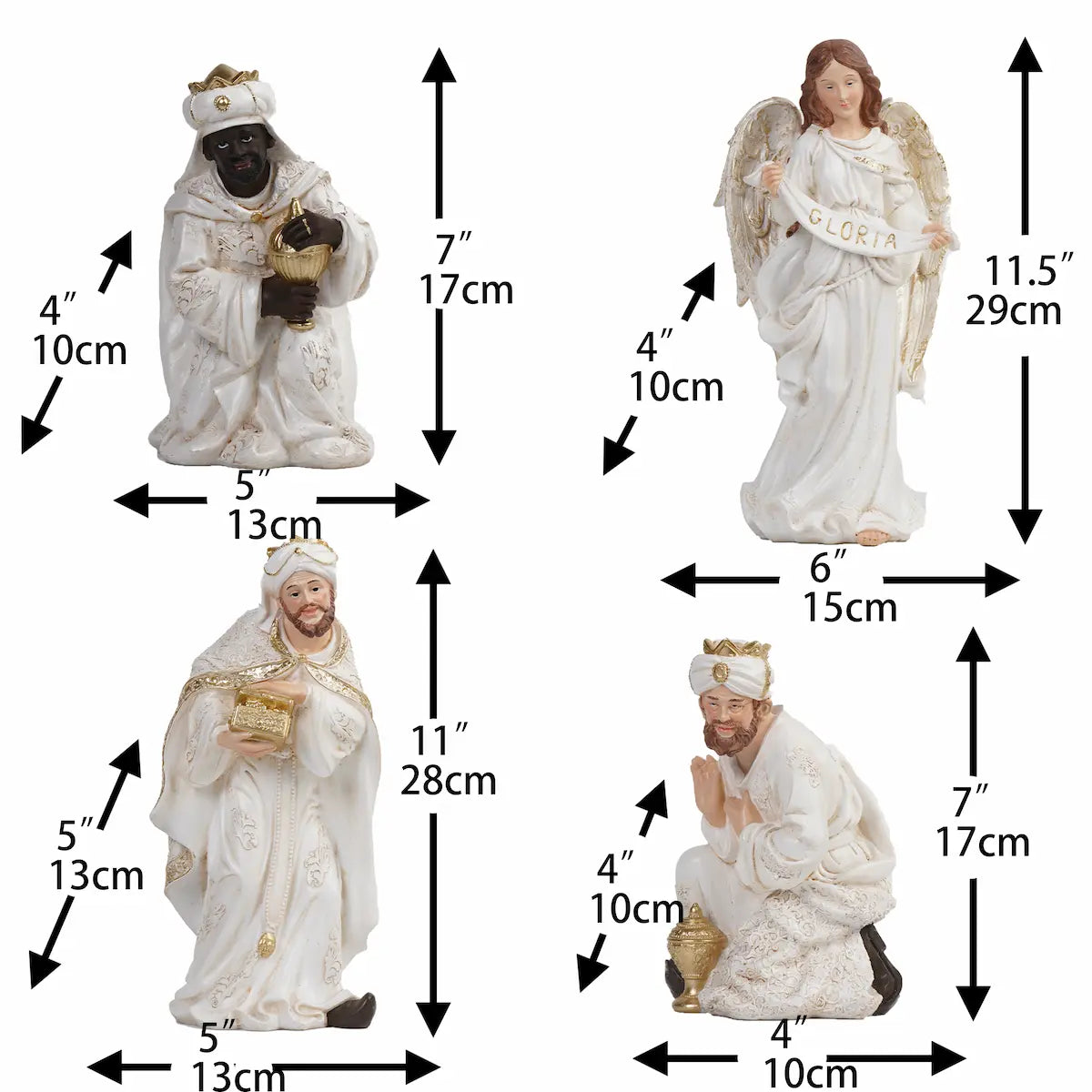 White and Gold Nativity Figurine Set - Holy Family, Wise Men, Angel and Animals - Christmas Manger Scene Decor