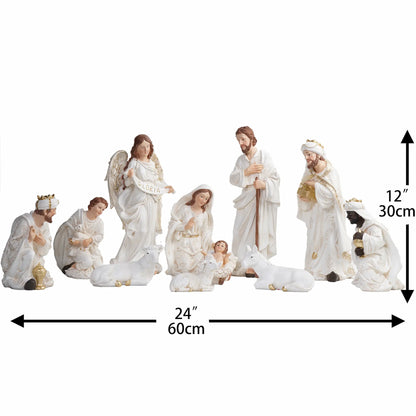 White and Gold Nativity Figurine Set - Holy Family, Wise Men, Angel and Animals - Christmas Manger Scene Decor