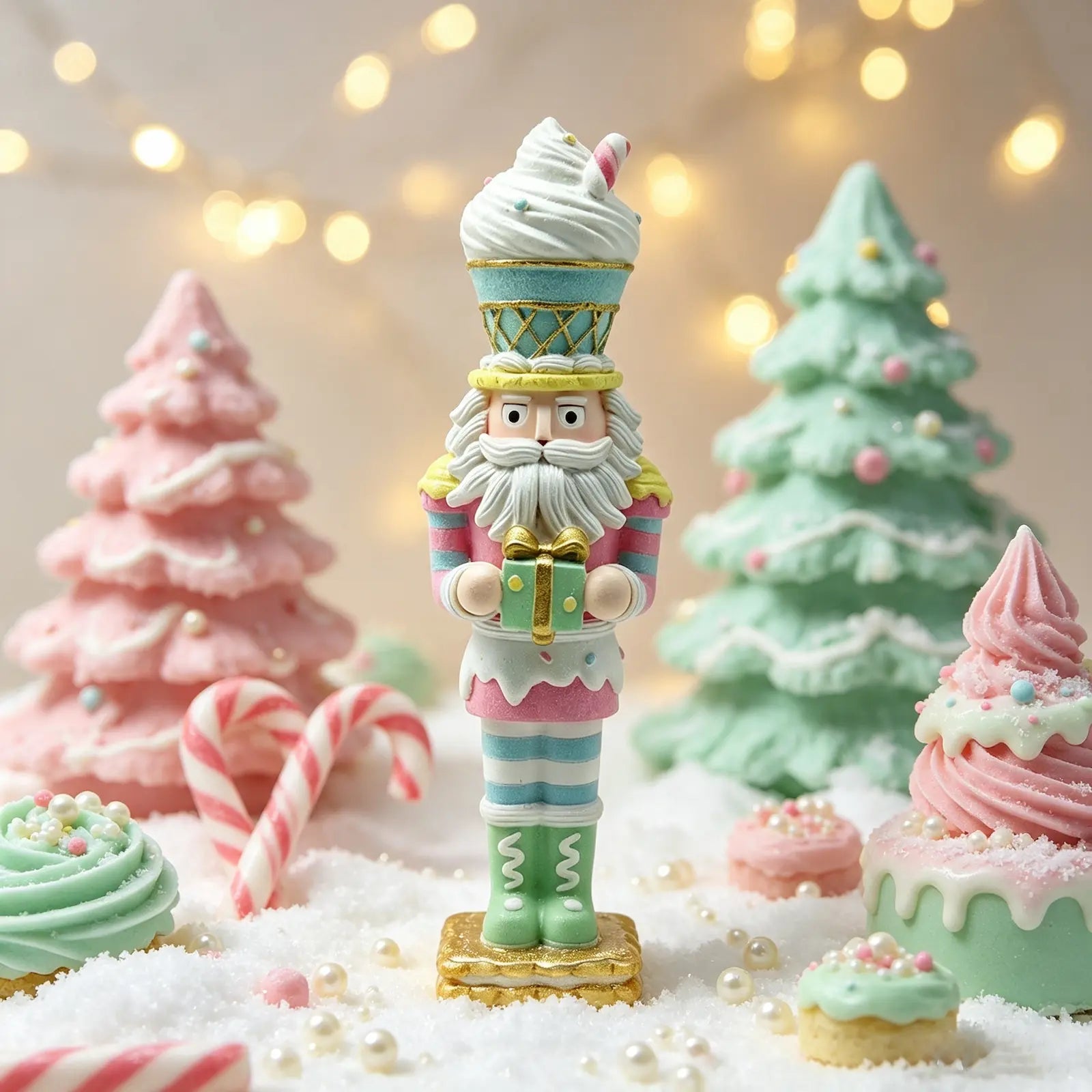 A festive nutcracker figurine styled like an iced cookie, standing in a snowy scene in the background.