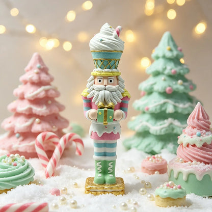 A festive nutcracker figurine styled like an iced cookie, standing in a snowy scene in the background.