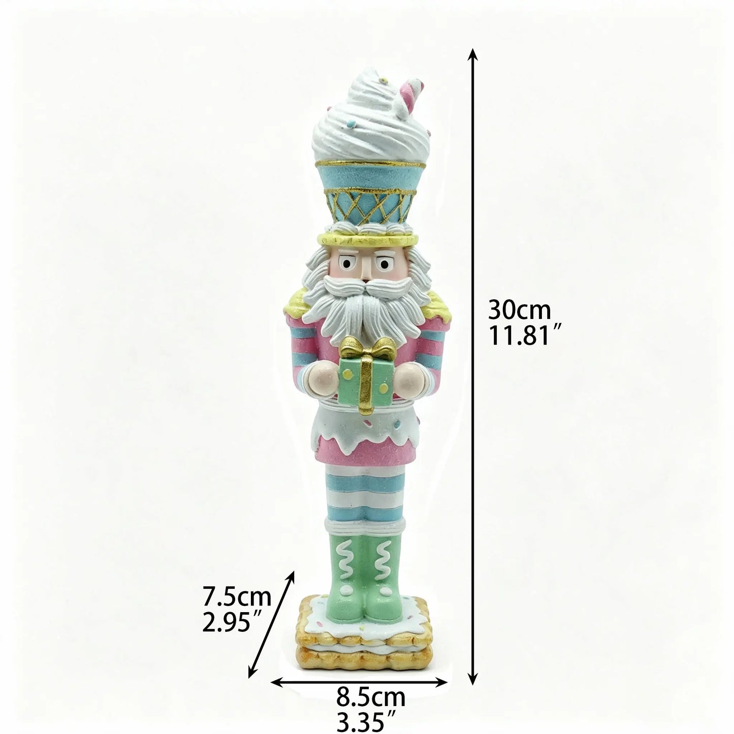 A colorful nutcracker-style figurine topped with an ice cream cone, shown on a plain white background with measurement. 