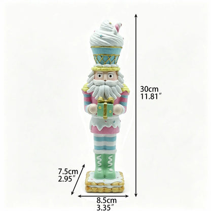 A colorful nutcracker-style figurine topped with an ice cream cone, shown on a plain white background with measurement. 