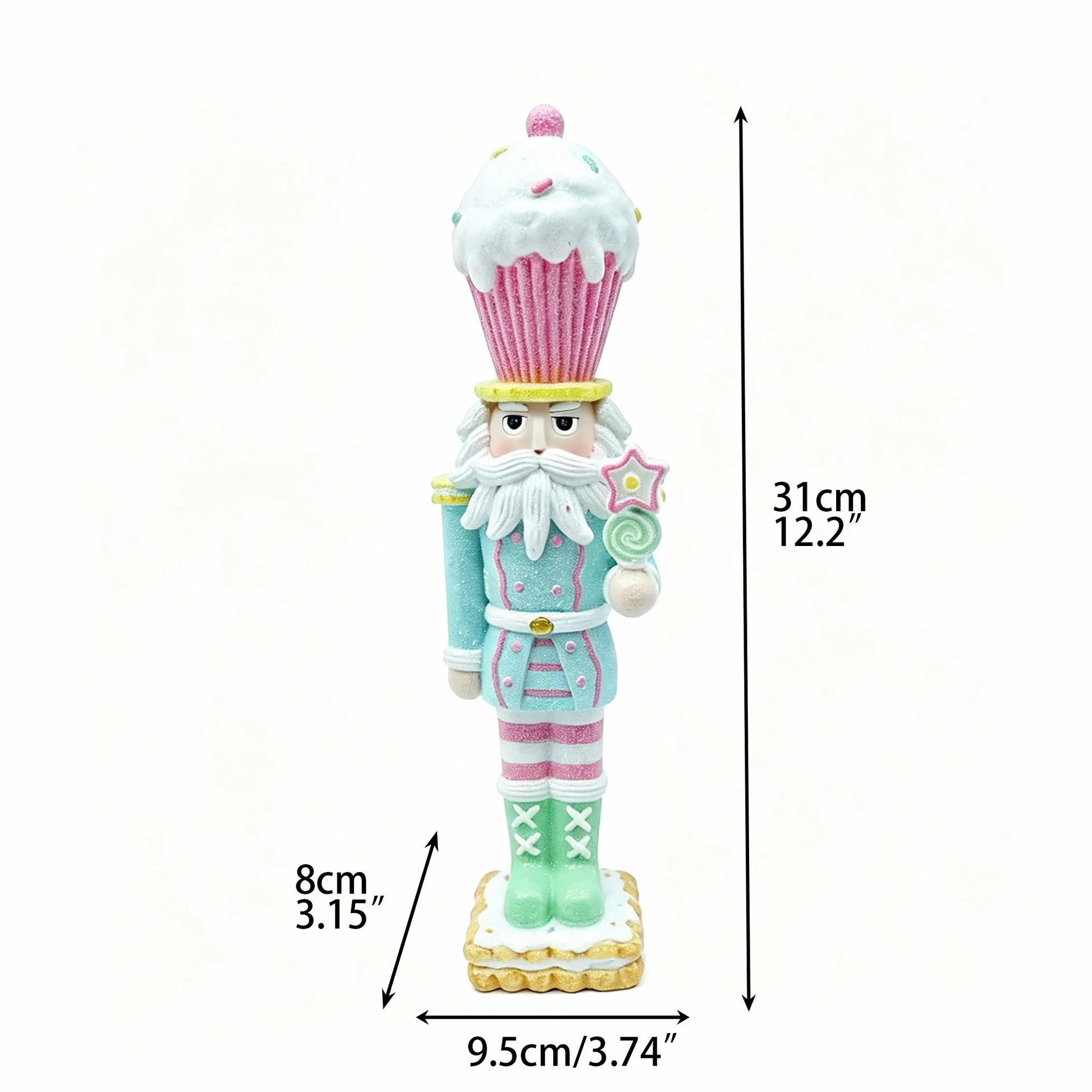 Hand-painted cupcake nutcracker figurine with candyland theme, 31cm tall, front view with dimensions