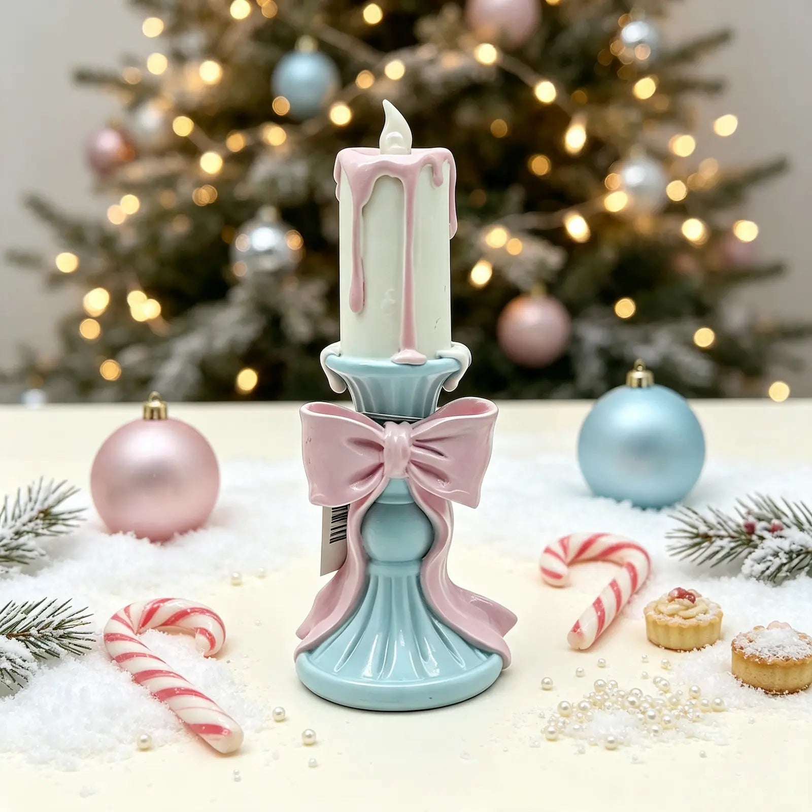 pastel bow candle holder figurine displayed on a Christmas table with candy canes, ornaments, and twinkling tree lights