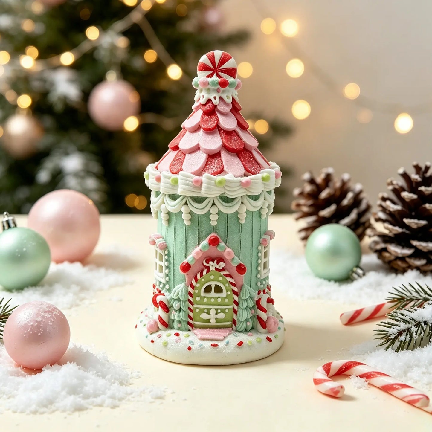 A decorative gingerbread  house ornament sits on a snowy tabletop with candy canes, pinecones, and blurred holiday lights in the background.