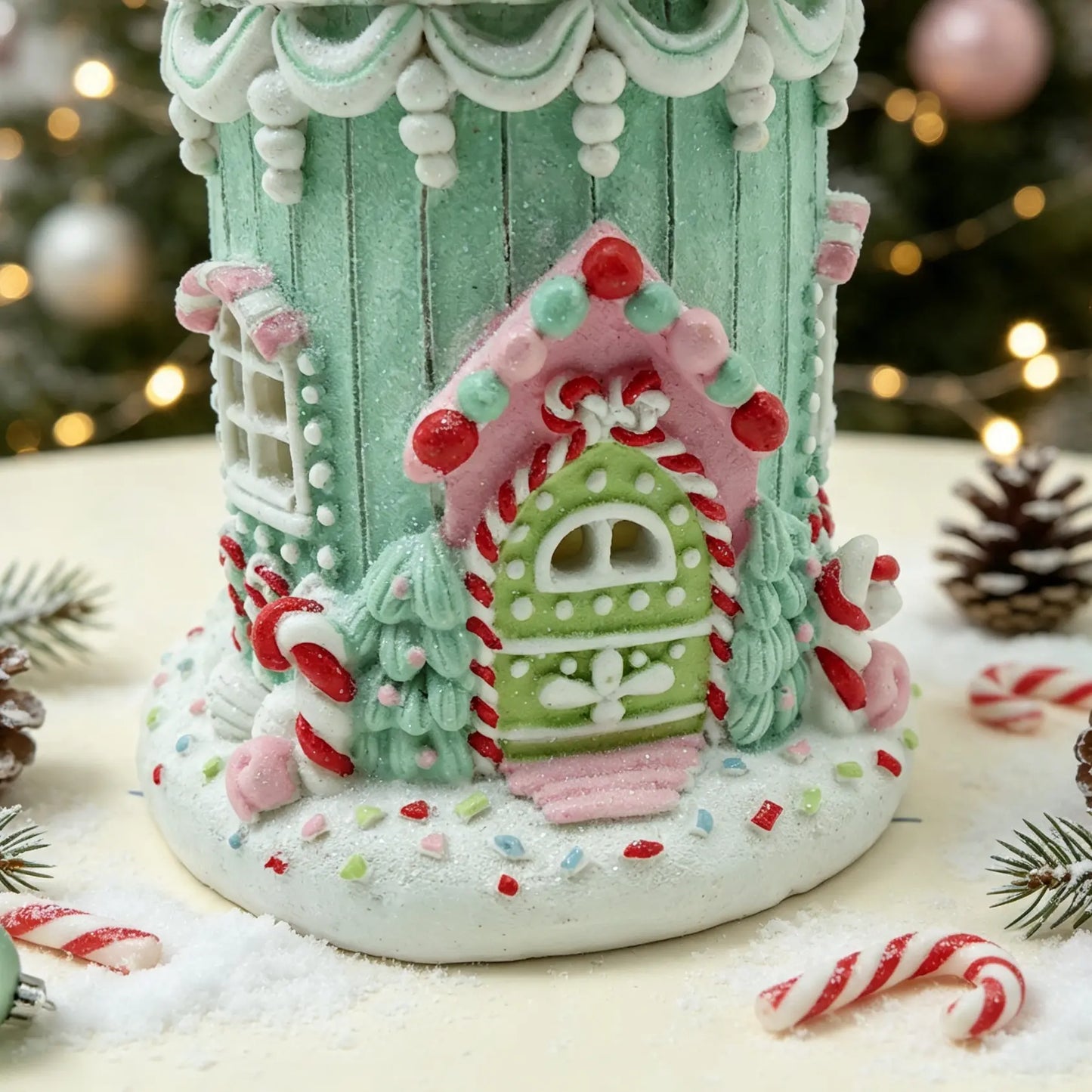 A festive gingerbread house decoration, set on a table with holiday lights and pinecones in the background.