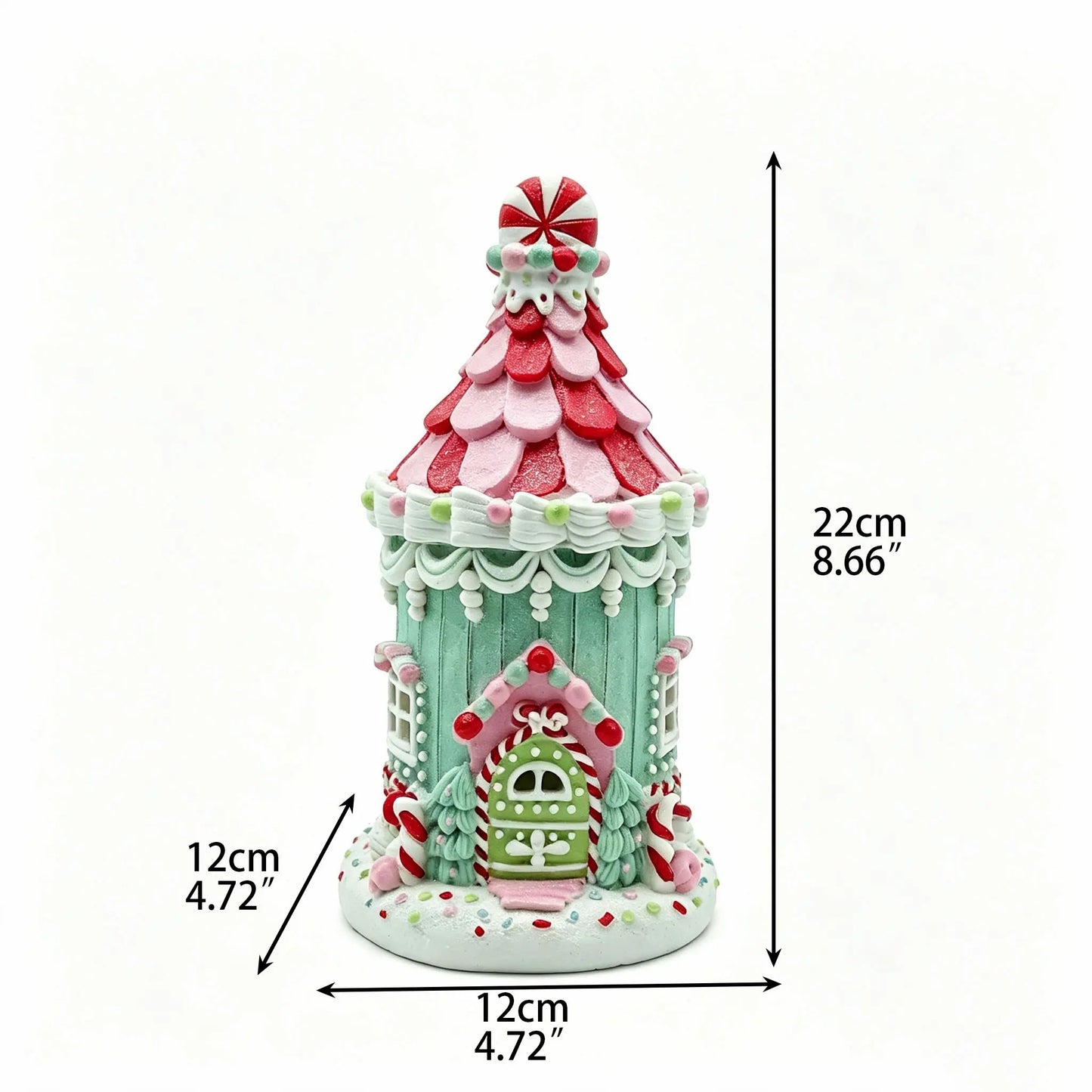 Hand-painted candyland gingerbread house figurine, 22cm tall, front view with dimensions on white background