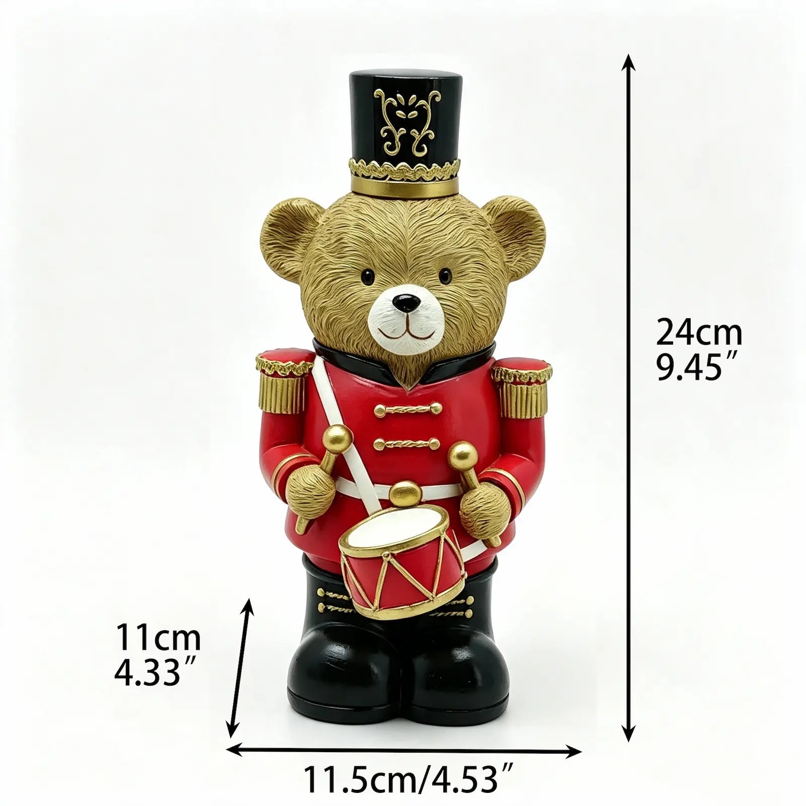 Christmas teddy bear drummer figurine with dimensions 11.5cm width, 11cm depth, 24cm height on white background