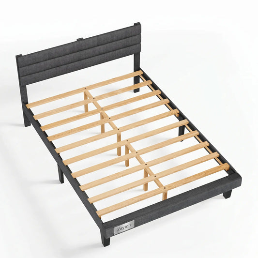 Zayton Queen Size Upholstered Platform Bed Frame with Adjustable Headboard, Wooden Slat Support, No Box Spring Needed, Dark Grey Linen Fabric Bed Base