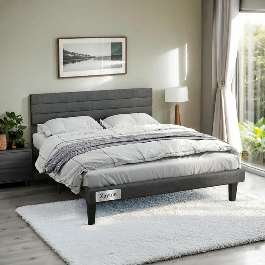 Zayton Queen Size Upholstered Platform Bed Frame with Adjustable Headboard, Wooden Slat Support, No Box Spring Needed, Dark Grey Linen Fabric Bed Base