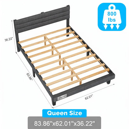 Queen Size Upholstered Platform Bed Frame with Adjustable Headboard, Wooden Slat Support, No Box Spring Needed, Dark Grey Linen Fabric Bed Base