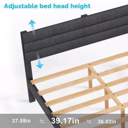 Queen Size Upholstered Platform Bed Frame with Adjustable Headboard, Wooden Slat Support, No Box Spring Needed, Dark Grey Linen Fabric Bed Base