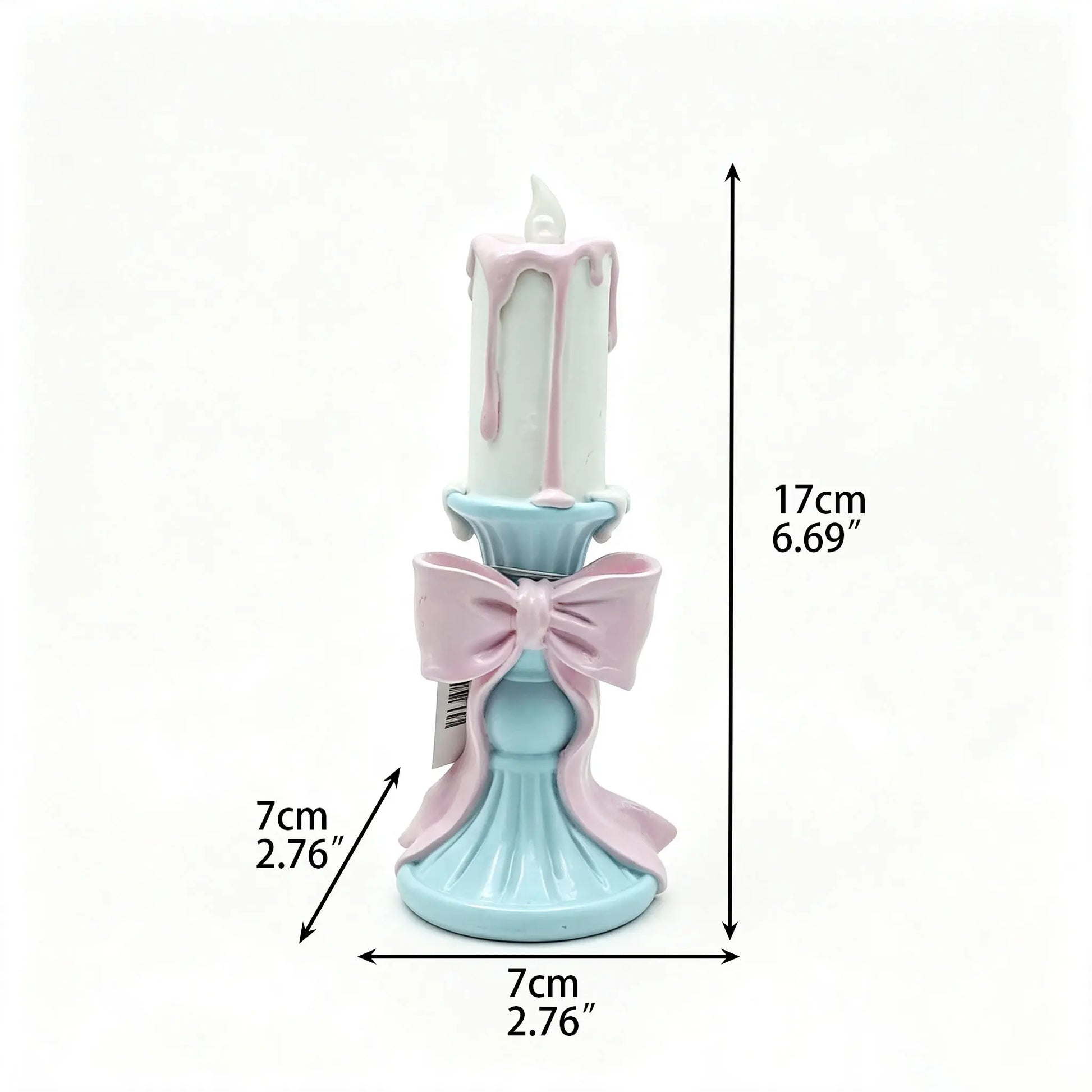 Hand-painted pastel candle holder with dimensions 17cm height, 7cm width, 7cm depth on white background