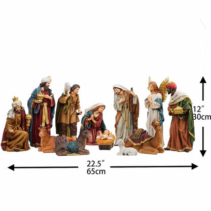 Full 12-piece Hand-painted nativity figurines set showing 22.5-inch display width and 12-inch height, colorful Christmas crèche