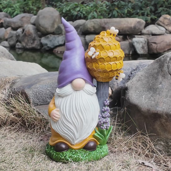 Video of Lighted Bee Garden Gnome Statue with Honeycomb Staff