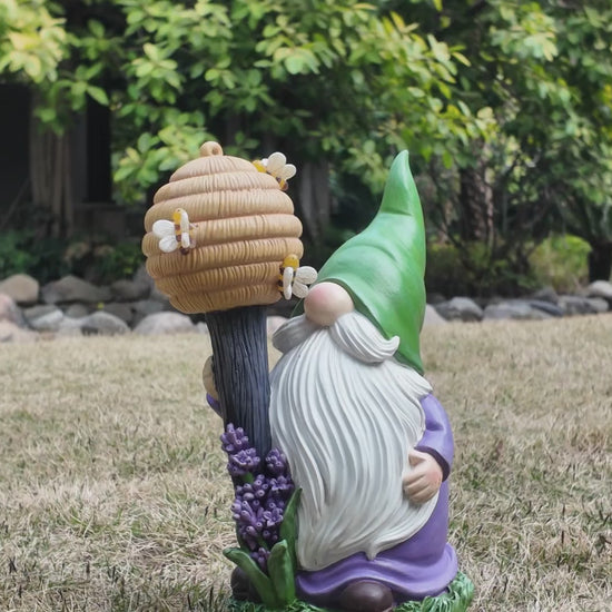 Video of Lighted Bee Garden Gnome Statue with Beehive Staff 