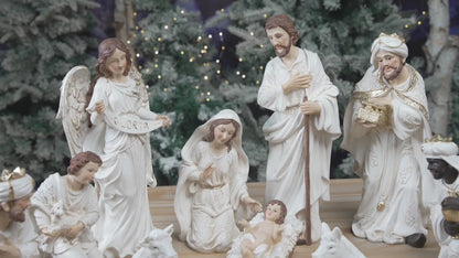 White and Gold Nativity Figurine Set - Holy Family, Wise Men, Angel and Animals - Christmas Manger Scene Decor