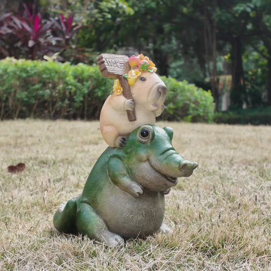 Video of Capybara Riding Alligator Garden Statue with Solar LED Lights 