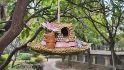 Garden Hat Birdhouse – Hand-Painted Resin Straw Hat Bird House with Flower Pots & Gardening Tools – Hanging Outdoor Garden Decor