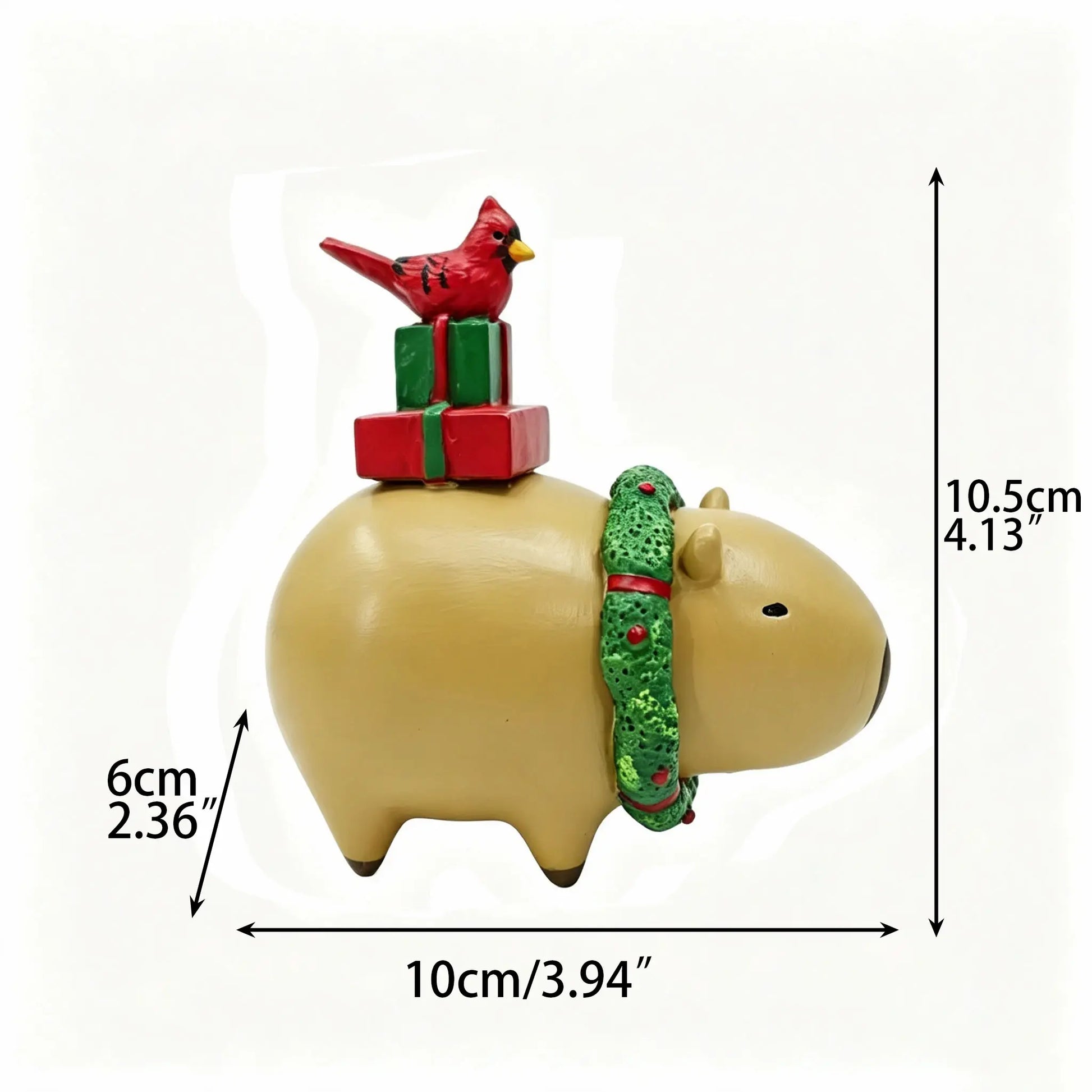 Christmas capybara figurine with dimensions 10.5cm height, 10cm width, 6cm depth displayed on white background