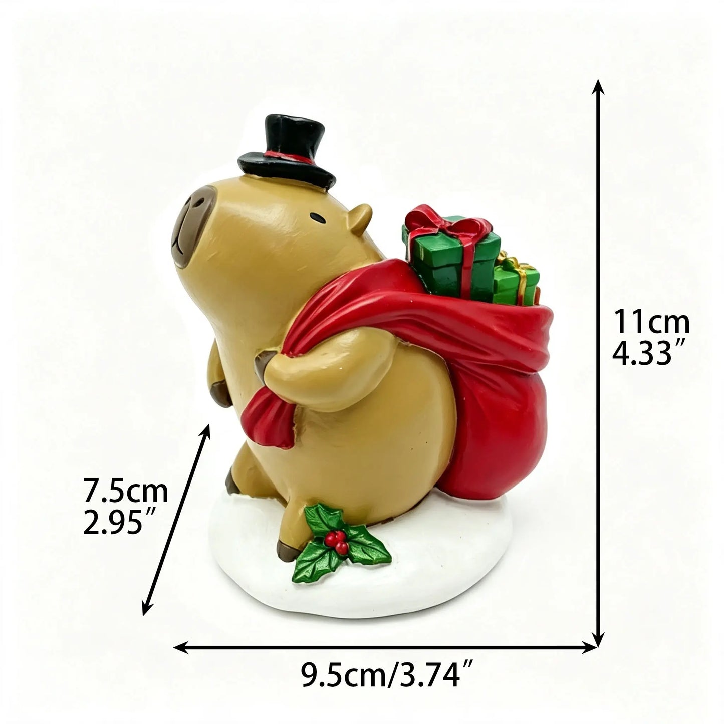 Hand-painted gentleman capybara figurine with dimensions 11cm height, 9.5cm width, 7.5cm depth on white background