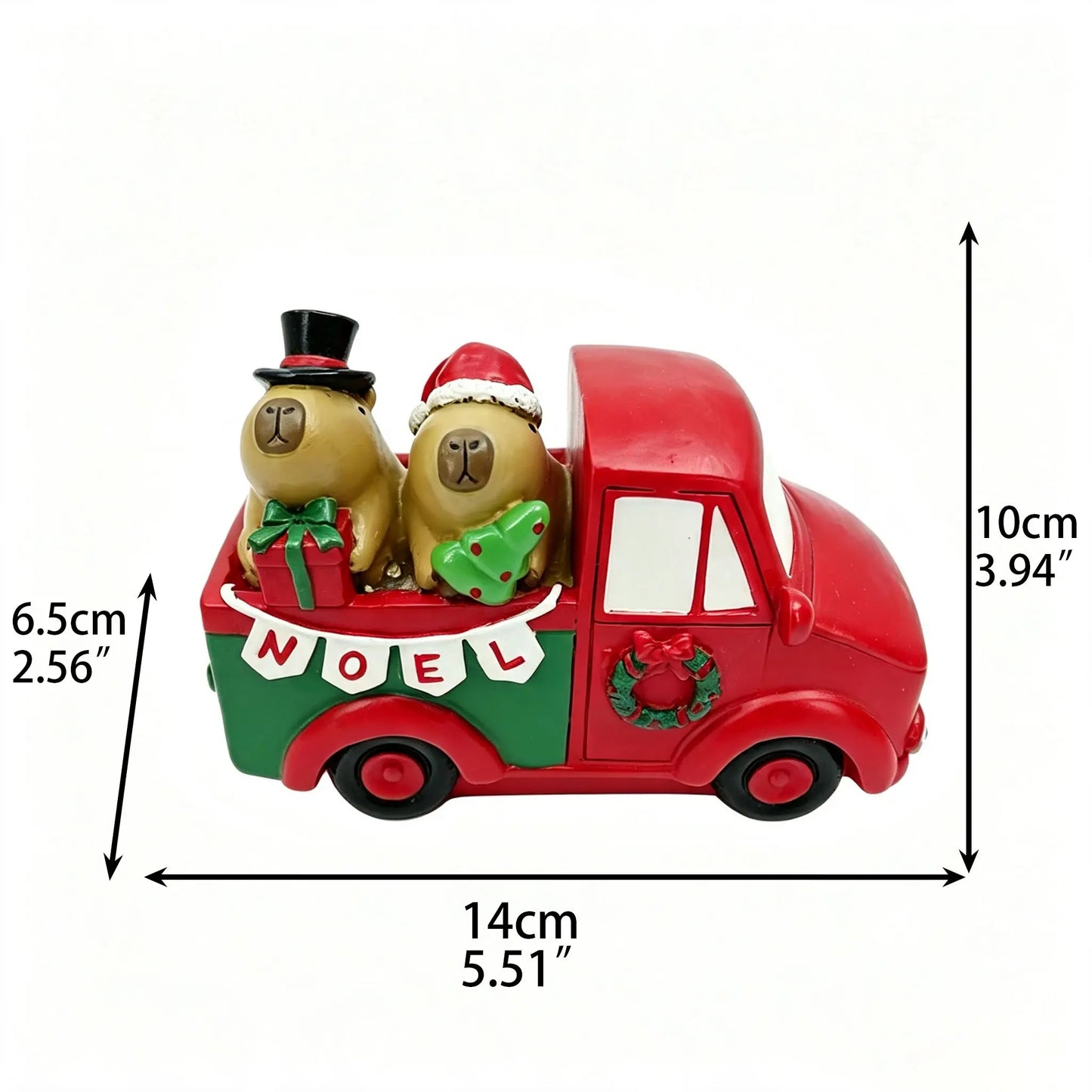 Christmas capybara truck figurine with dimensions 14cm length, 10cm height, 6.5cm width on white background