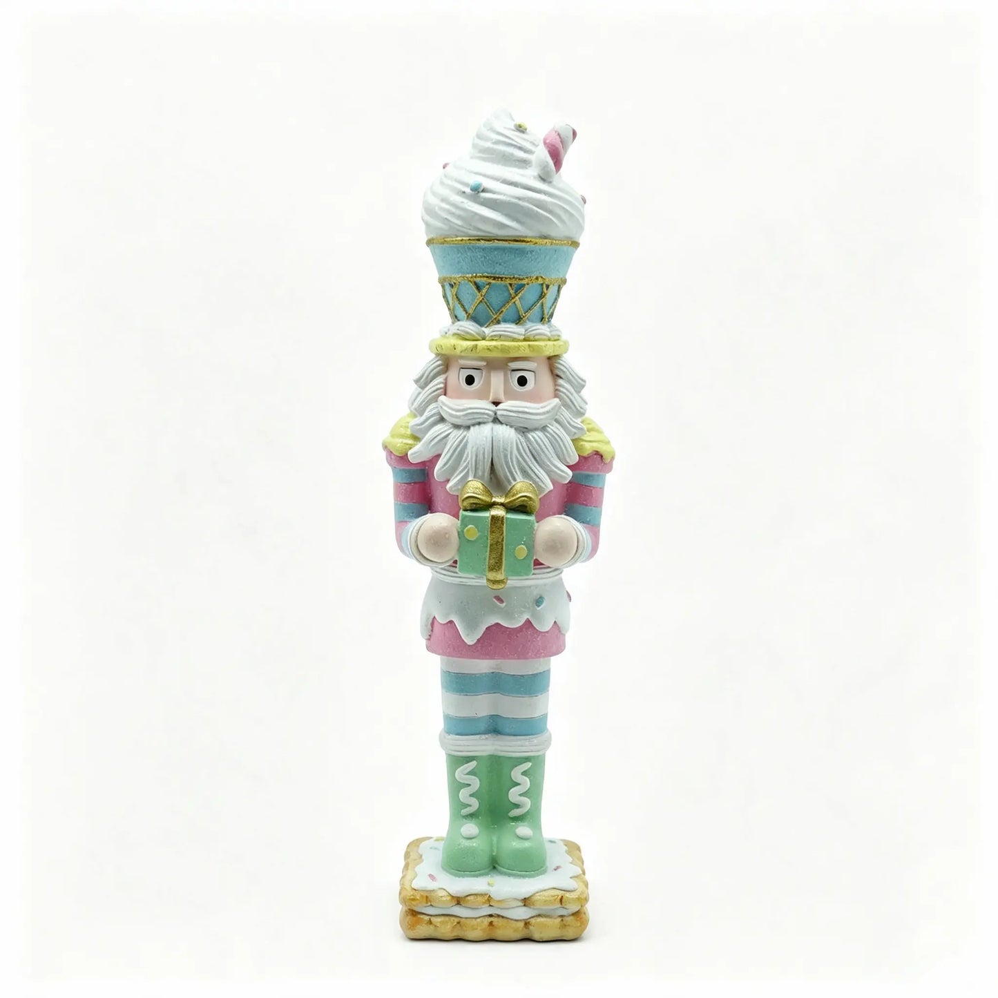 Hand-painted nutcracker figurine styled like a candy-themed character, holding a wrapped gift on a plain white background.