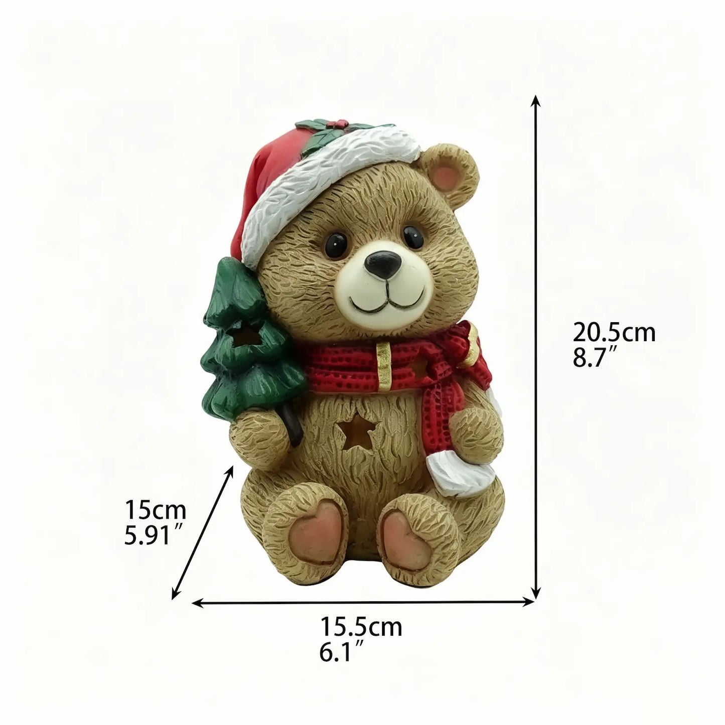 A teddy bear Christmas figurine, shown with black dimension lines and text indicating height, width, and depth