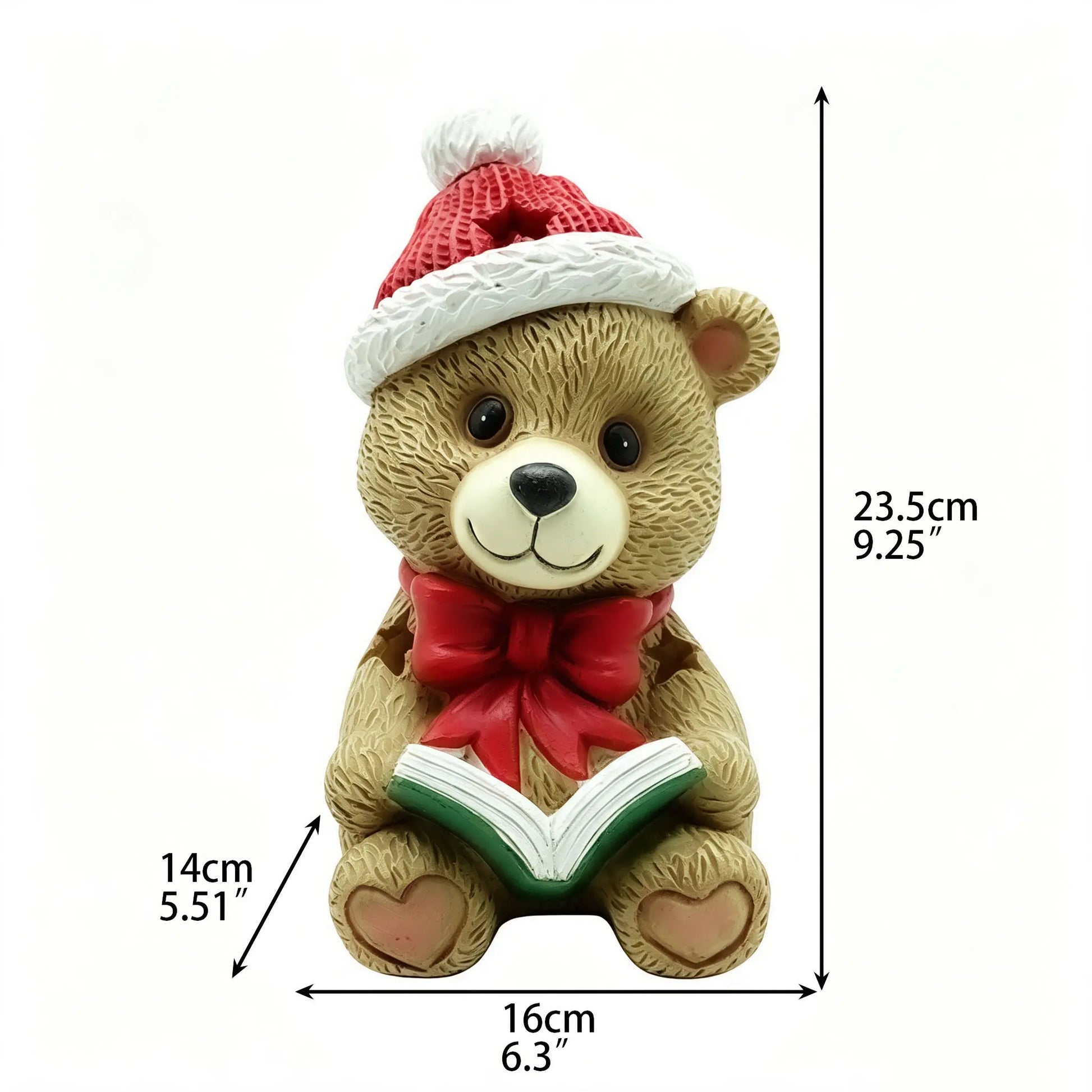 Christmas teddy bear reading book figurine with dimensions 16cm width, 14cm depth, 23.5cm height on white background