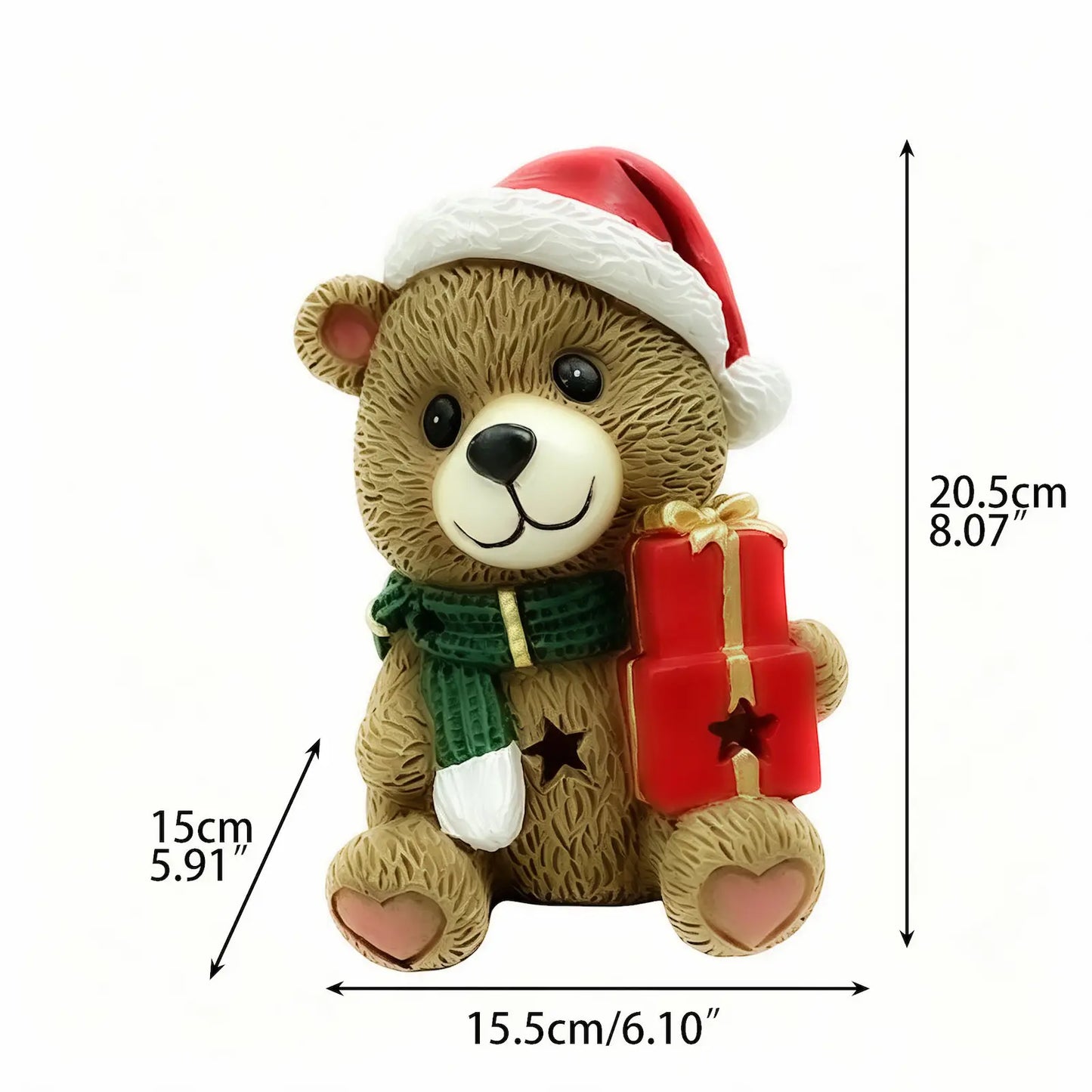 Hand-painted Christmas teddy bear figurine in red Santa hat and green scarf, holding stacked red gift boxes with gold ribbon, dimensions 15.5cm width, 15cm depth, 20.5cm height