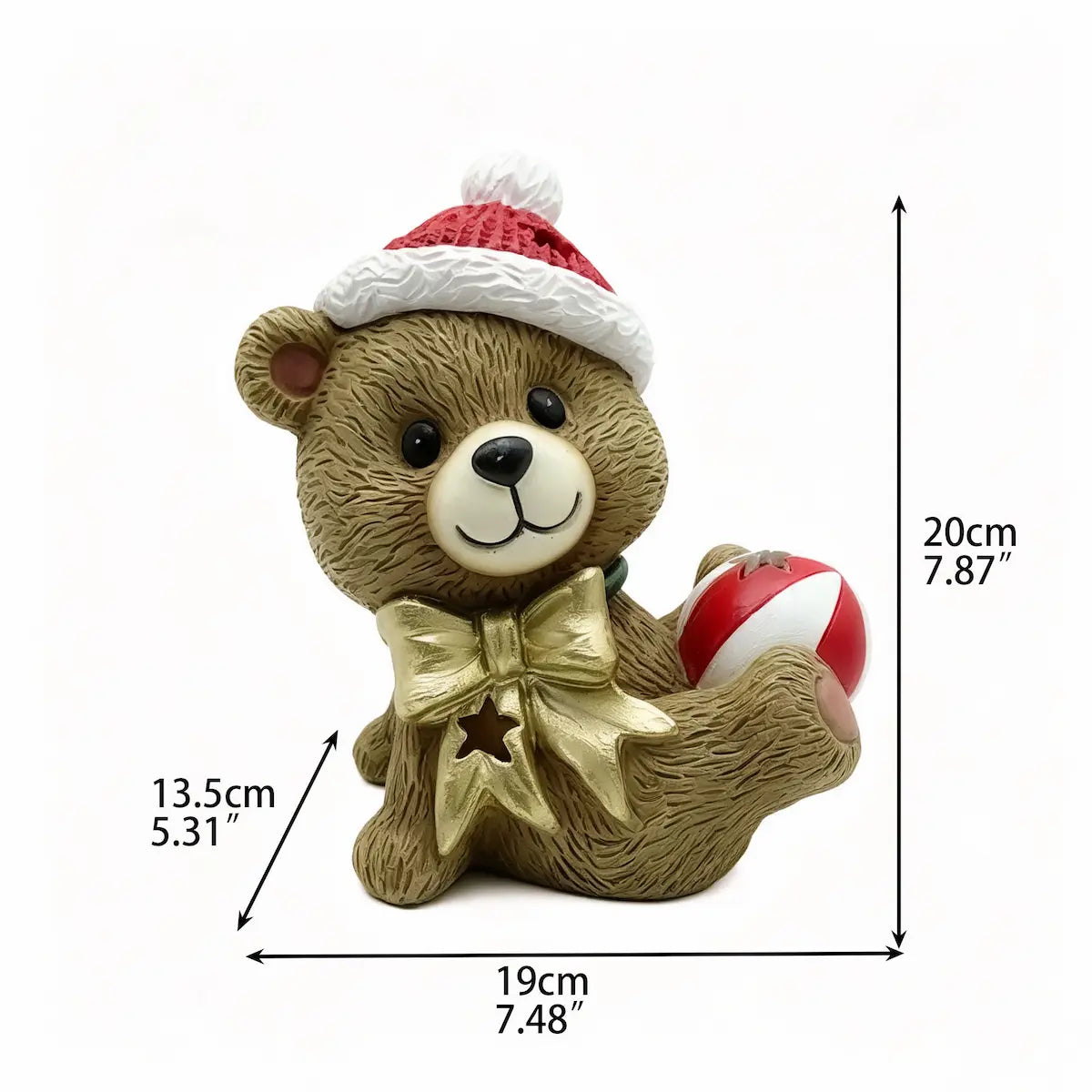 A Christmas teddy bear figurine with dimension lines and measurements showing 19cm width, 20cm height, and 13.5cm depth on a white background.